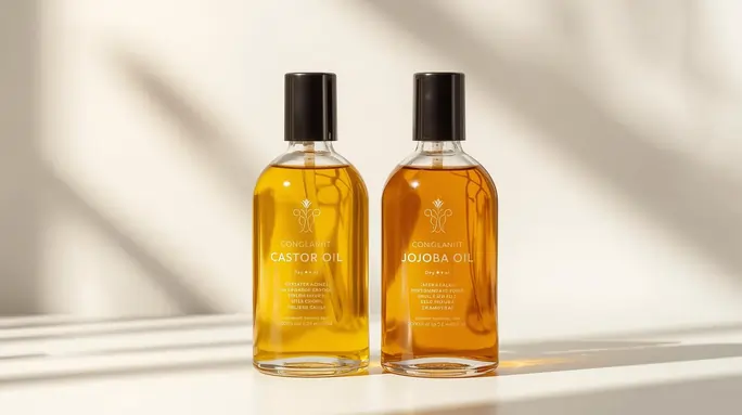 Mélange d'huile de ricin et jojoba dans un flacon en verre foncé